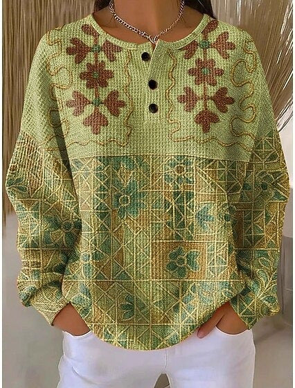 3D-Digitaldruck lockeres lässiges Waffel-Stehkragen-Langarmshirt m303065