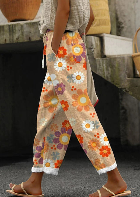Linglong hemp digital printing simple crimped casual pants m303184