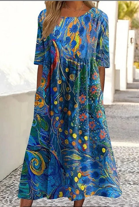 Up and down splicing pocket size printing big wide dress m301712