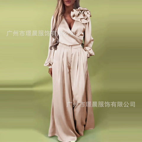 Women's Luxury Elegant V-Neck Satin Long Sleeve Top Wide Leg Pants Set m302514