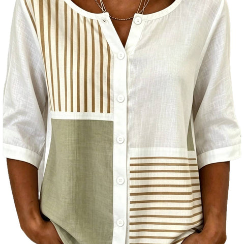 Women's Top Printed Casual Short Sleeve Collarless Shirt m303047