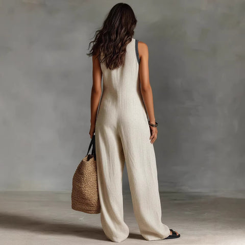 women's simple linen-blend sleeveless jumpsuit  m303249