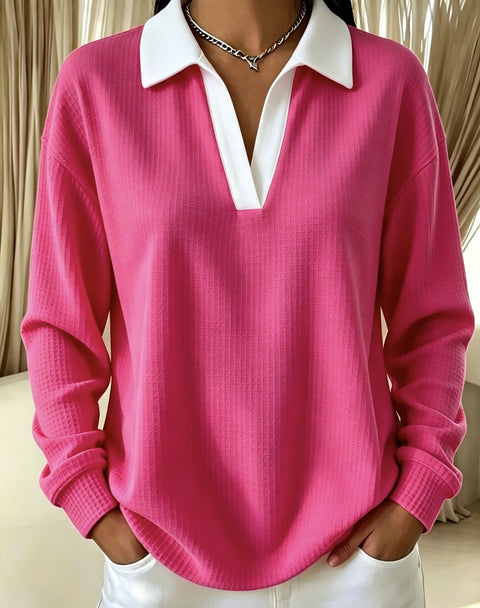 Waffle Contrast Long Sleeve Polo Top Women's m303233