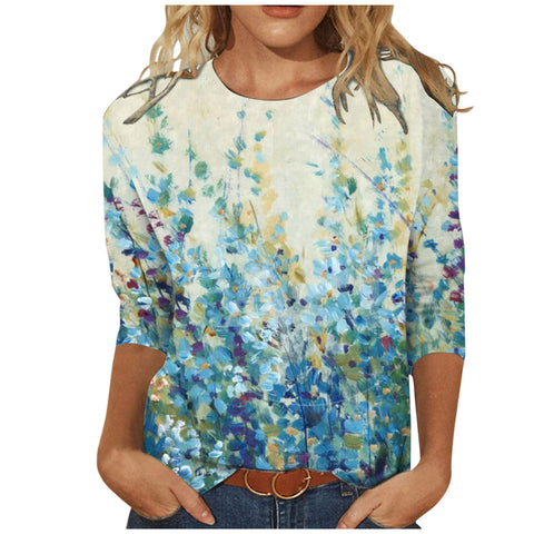 Women's Clothing round Neck 3/4 Sleeves Loose Print T-shirt M300227