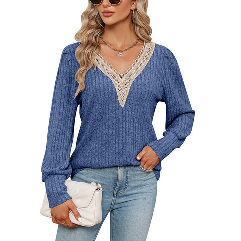 Women's V-neck lace loose pit strip polished loose long-sleeved T-shirt m300519