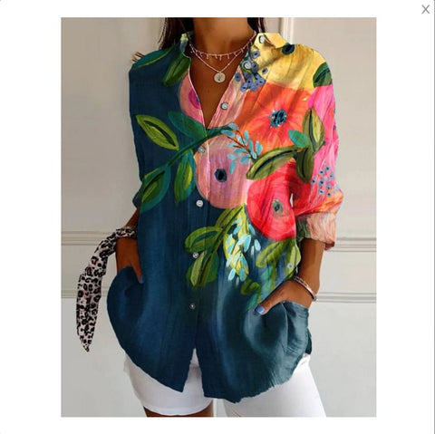 3D digital printing abstract pattern women's long-sleeved buckle linen shirt m301277