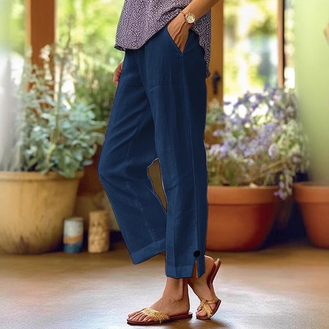 Women's cotton and linen loose solid color elastic waist pocket straight casual pants m301424