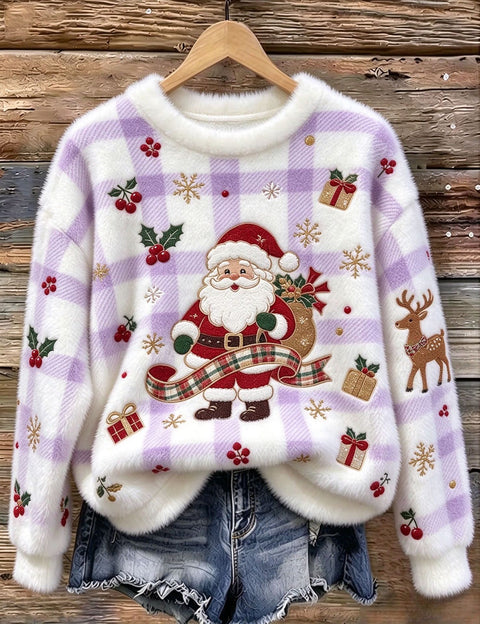 Christmas cartoon old man reindeer print flannel women sweater FF303511