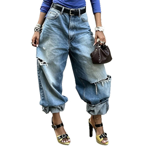 Jeans Fashion Washed Ripped Wide Leg Pants FF303448