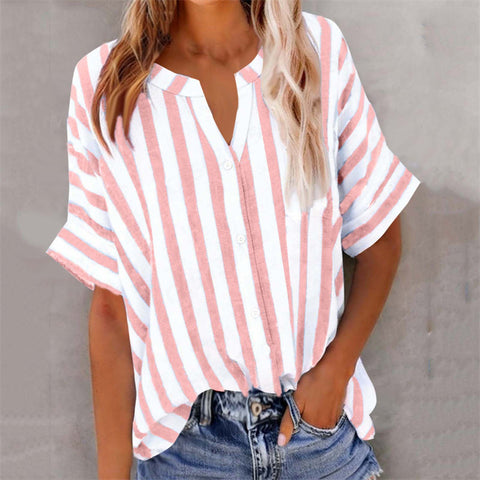 Women's top shirt loose casual V-neck button striped contrasting short sleeve m302416