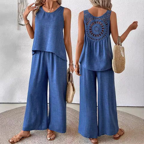 Spring and summer solid color hollow lace two-piece fashion casual vest wide-leg pants trousers m301367