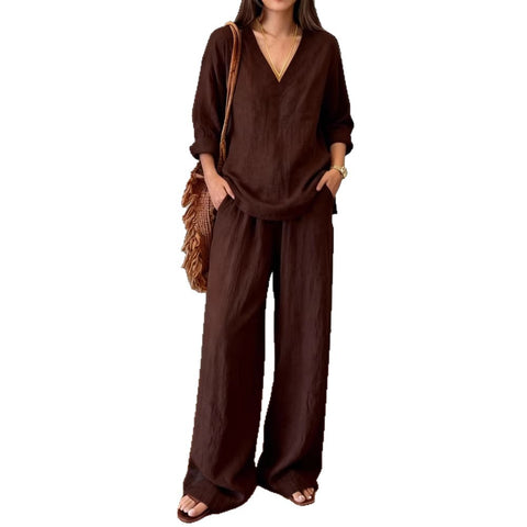 Casual V-neck pullover long sleeve plus trousers washed cotton multi-color m302407