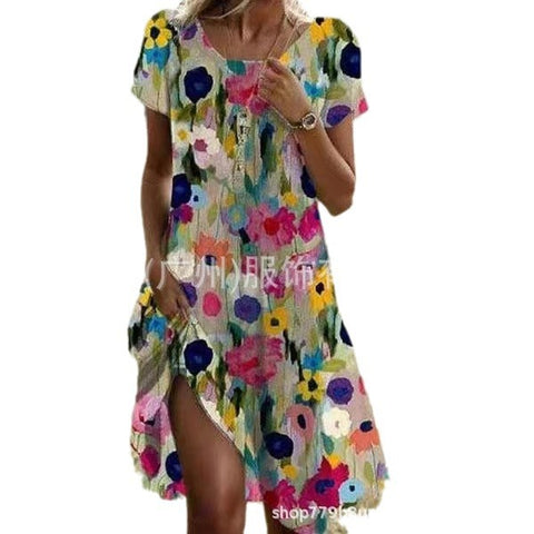Crew neck short sleeve digital positioning print dress m302906