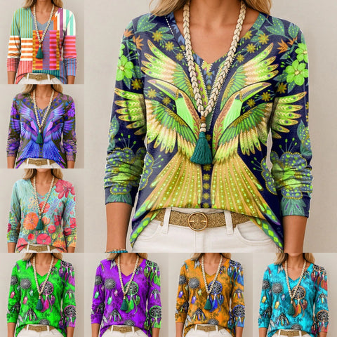 Printed loose long-sleeved V-neck T-shirt m301566