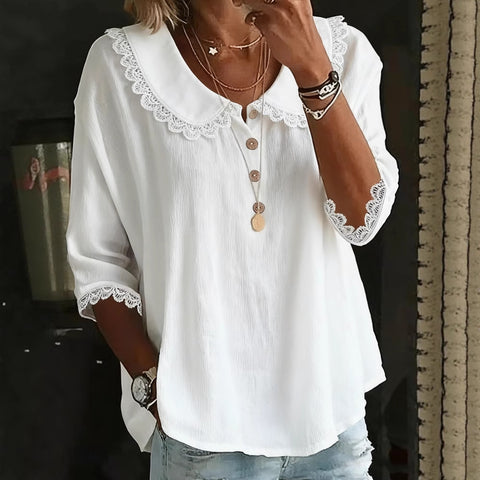 Women's casual loose fashion lapel lace solid color button-down shirt m302339