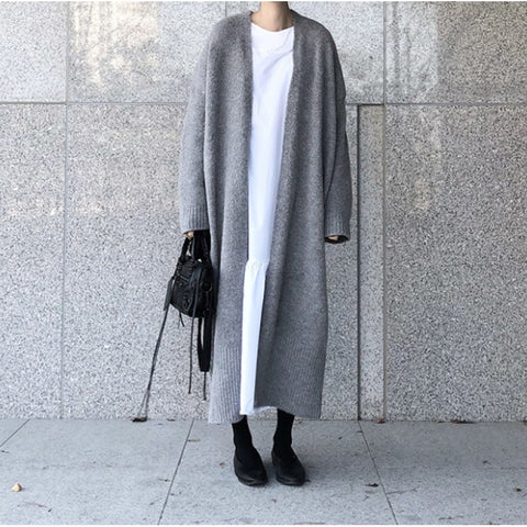 Long knitted cardigan over knee strap split loose sweater jacket women's m302061