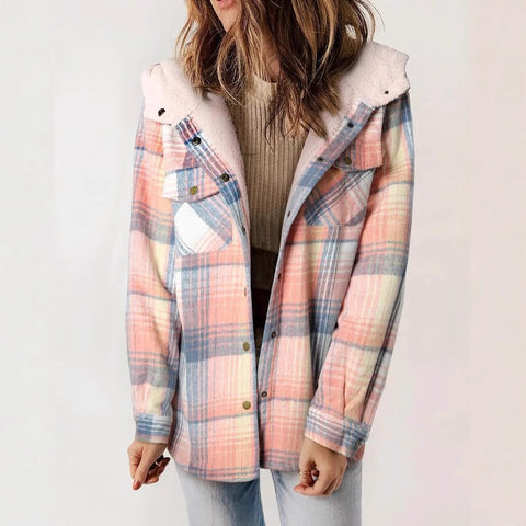 Women's plaid jacket long-sleeved hairy hooded jacket jacket with pockets m302153