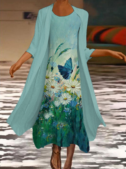 New women's long dress two-piece set flower and grass print crew neck dress m301251