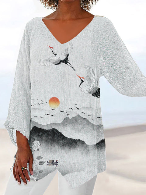 T-shirt ample à manches 3/4 et col en V pour femme, imprimé animalier et paysage naturel, m301289 