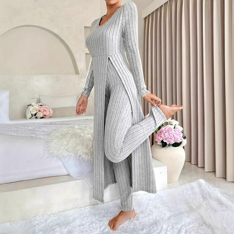 New design round neck split fork long sleeve two-piece set spring m302328