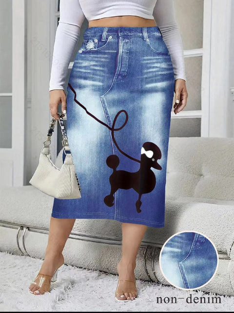Large size fashion women's clothing imitation denim print flower print hip skirt m302405