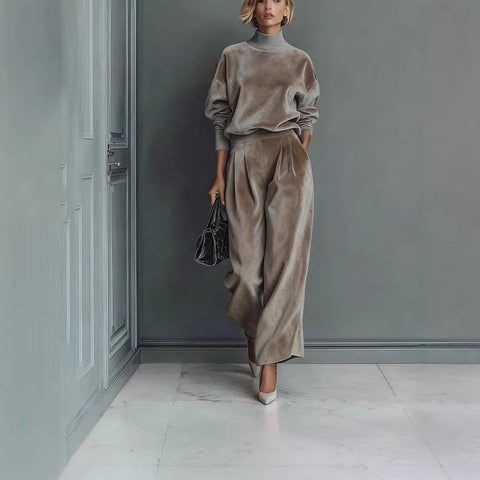 Casual two-piece suit golden velvet long-sleeved solid color high-necked wide-leg pants m302327