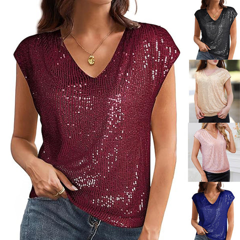 Sleeve sequins slim V-neck solid color top T-shirt women's m300996