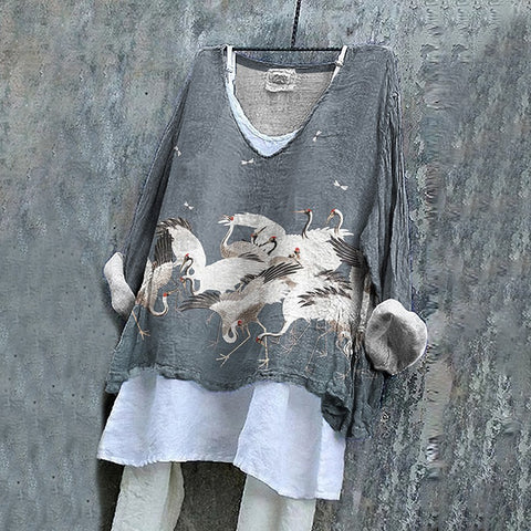 Long-sleeved printed casual pullover loose round neck single-piece T-shirt (without under shirt) m301042