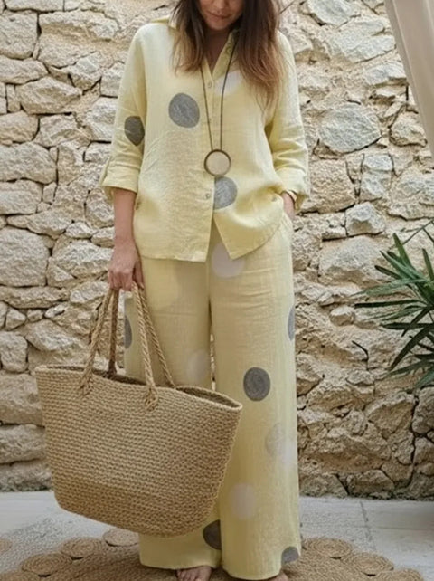 Women's suit long-sleeved lapel button-up top trousers printed two-piece set m302718