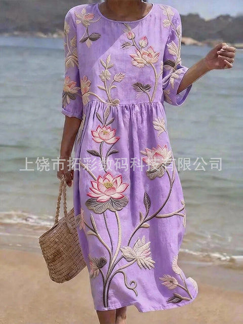 Women's medium and long sleeves side bag crew neck dress seaside vacation loose dress m302606