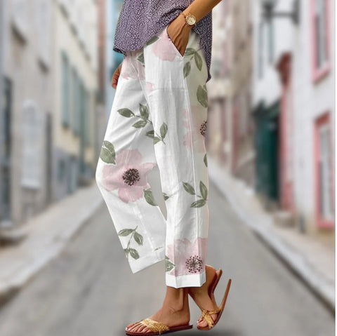 Linglong hemp digital printing simple crimped casual pants m303184