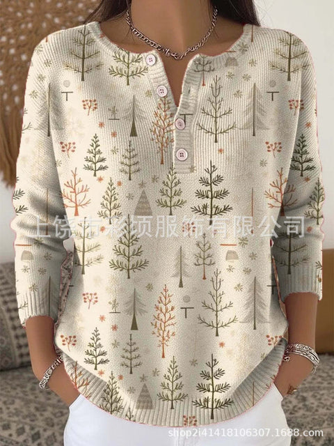 New Christmas sweater casual print cute button-up women's top FF303407