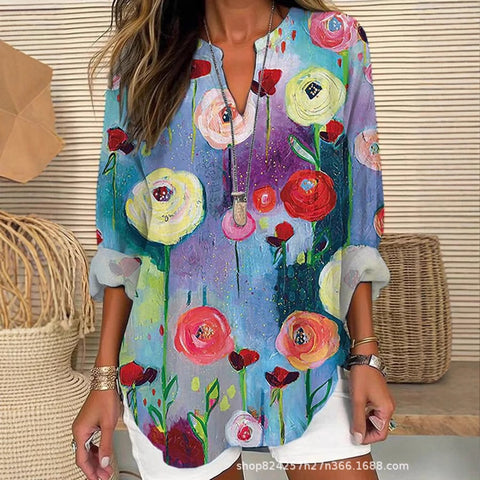 Summer women's long-sleeved 3D digital printing loose European size top m301362