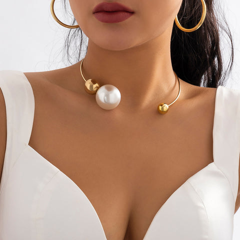Gold pearl collar with open circular ring asymmetrical and minimalist fashion round bead necklace for women m3331192