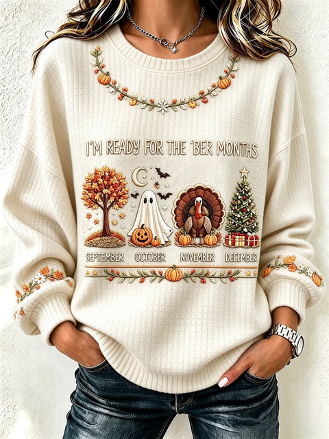 Halloween Waffle Print Crew Neck Long Sleeve Casual Pullover Sweater FF303495