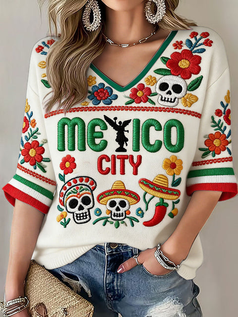 Down shoulder V-neck seven-quarter sleeve 3D printed women's top T-shirt m302844