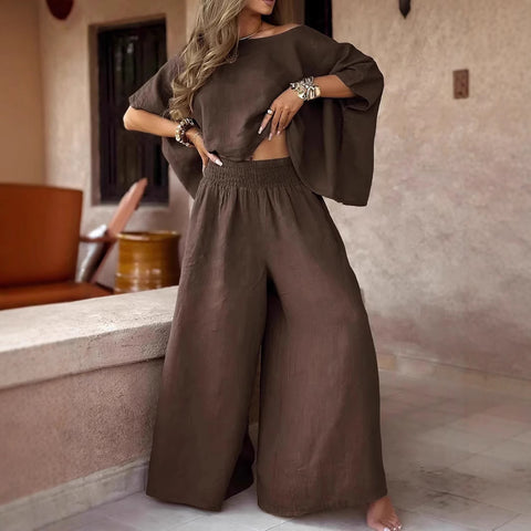 Solid color explosive casual loose round neck off-the-shoulder summer women's suit m302330