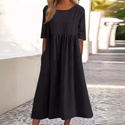 New cotton and linen casual short-sleeved pocket pleated loose round neck dress m300890