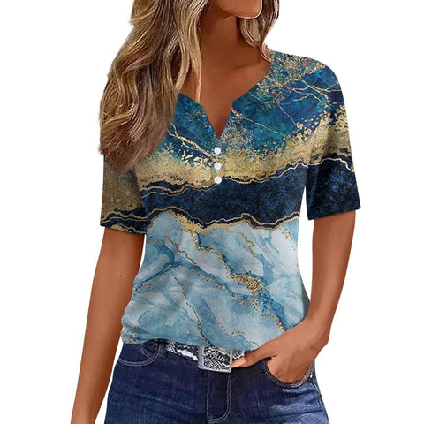 Women's T-shirt V-neck three-button 3D printing short sleeve m300477