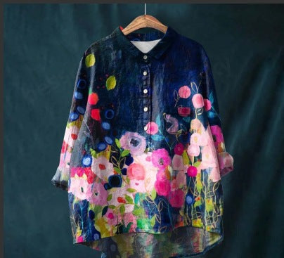 Long Sleeve Bamboo Linen Printing Fashion Versatile Lapel Shirt m301040