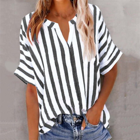 Women's top shirt loose casual V-neck button striped contrasting short sleeve m302416