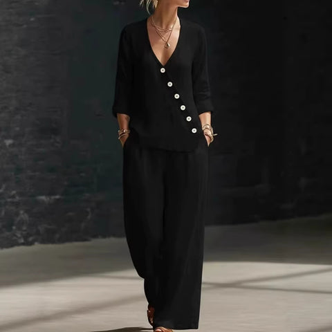 Temperament loose V-neck diagonal button-down shirt wide-leg pants two-piece set m302397