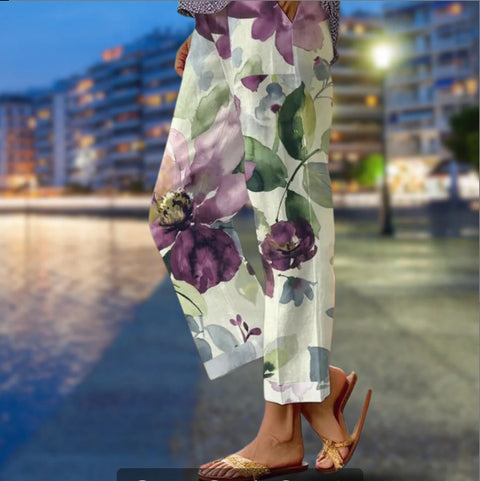 Linglong hemp digital printing simple crimped casual pants m303184