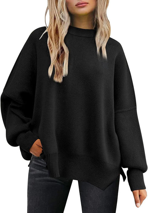 Crew neck bat wing long-sleeved sweater autumn knitted side slit jumper m301590