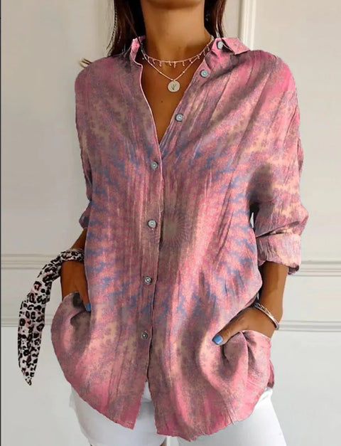 Linglong hemp long shirt women's long-sleeved shirt printing pattern m303195