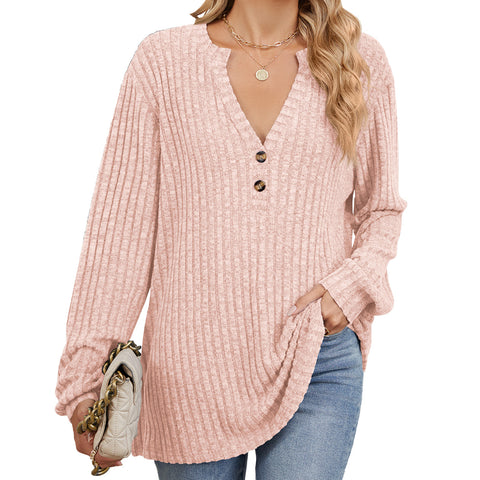 Autumn and winter new solid color pit strip polished button loose long-sleeved T-shirt women's m301772