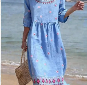 Women's medium and long sleeves side bag crew neck dress seaside vacation loose dress m302606