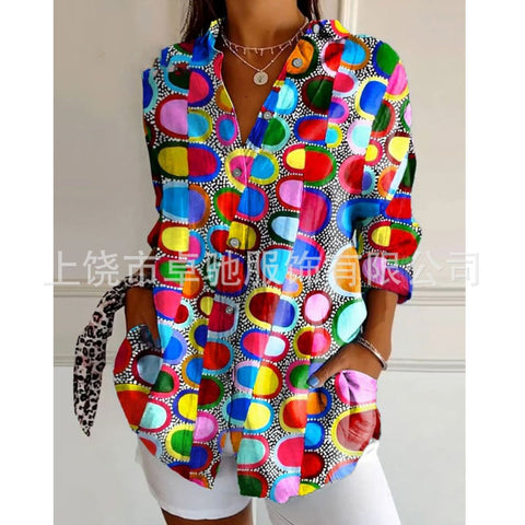 Linglong hemp long shirt women's long-sleeved shirt printing pattern m303195