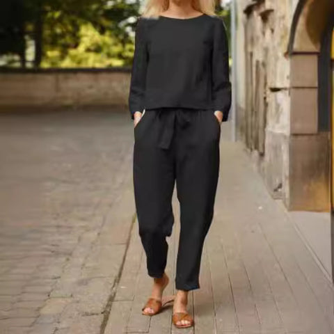 Linen suit women's fashion solid color casual two-piece set m300052