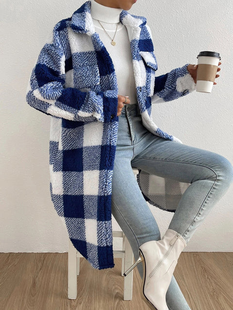 Open-button lapel plush plaid jacket loose temperament commuter long coat women m300360